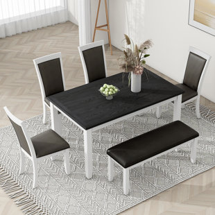 AUDIOHOME Rustic Solid Wood 6-Piece Dining Table Set, PU Leather Upholstered Chairs And Bench