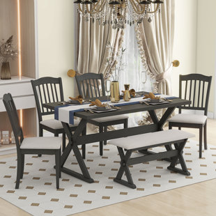 AUDIOHOME 6-Piece Rustic Dining Set, Rectangular Trestle Table And 4 Upholstered Chairs & 1 Bench For Dining Room