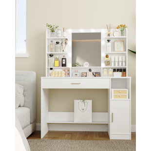 MERCER41 Vanity Desk with Mirror and 10 LED Lights, 3 Levels of Adjustable Brightness, Dresser Table with Hidden and Open Shelves