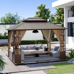 EGEIROS LIFE 10 ft. x 12 ft. Double Roof Hardtop Patio Gazebo with Aluminum Frame and Curtains