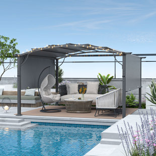 EGEIROS LIFE Aluminum Outdoor Pergola with Slightly Arched Canopy and Retractable Shade