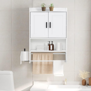 RUBBERMAID Wood Bathroom Wall Cabinet, Medicine Cabinet Organizer With Doors And Adjustable Shelves, Over The Toilet Storage Cabinet With Towel Bar, Multipurpose Storage Cabinet For Bathroom, Living Room