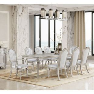 ROSDORF PARK Laughlan 9-Piece Dining Table Set With Extension Leaf Ivory And Silver Oak