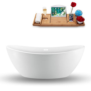 STREAMLINE BATH 75" Streamline Freestanding Soaking Acrylic Bathtub With Drain and Bamboo Tray