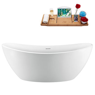 STREAMLINE BATH 63'' Streamline Freestanding Soaking Acrylic Bathtub With Drain and Bamboo Tray