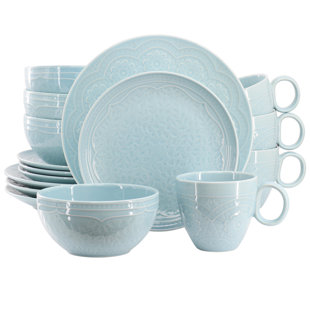 Gibson Elite Alemany 16 Piece Round Stoneware Dinnerware Set in Aqua (Set of 4)