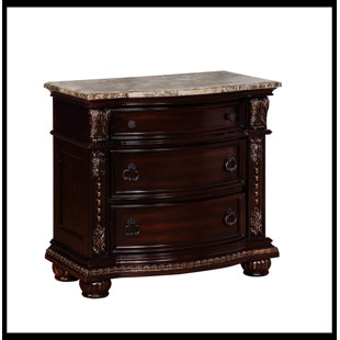 WENTY 1Pc Traditional Style End Table 3-Drawer Nightstand With Marble Top Rich Brown Cherry Finish Solid Wood Wooden Bedroom_32.75" H x 35" W x 19.5" D