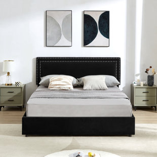 VECELO Bed Frame with 4 Storage Drawers Upholstered Platform Bed Adjustable Headboard with Nailhead Trim