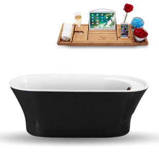 STREAMLINE BATH 59" Streamline Freestanding Soaking Acrylic Bathtub With Drain and Bamboo Tray