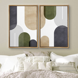 WALL26 " Geometric Green, Tan And Black Polygon Collage Abstract Shapes Modern Bohemian Relax Calm " 2 - Pieces