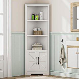 RUBBERMAID 67” Tall Corner Storage Cabinet With Barn Doors And Shelves, White Corner Bathroom Cabinet For Bathroom, Living Room, Kitchen, White