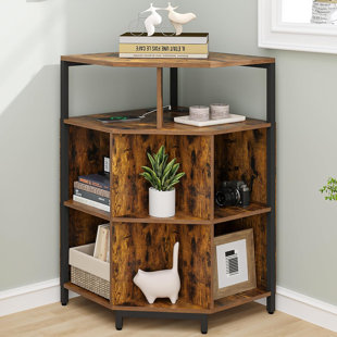 RUBBERMAID Corner Cabinet, Corner Bookshelf With Charging Station, Rustic Corner Shelf For Living Room, Cube Toy Storage For Bedroom, 2USB Ports And 3 Outlets, Rustic Brown And Black