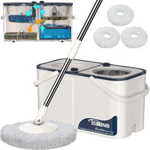 TSMINE Spin Mop andd Bucket System, Separate Dirty and Clean Water,with 6 Replacement Mop Heads,4X Wheel