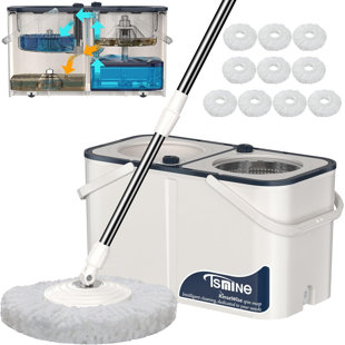 TSMINE Spin Mop Bucket with Wringer, Separate Dirty and Clean Water,with 6 Replacement Mop Heads,4X Wheel