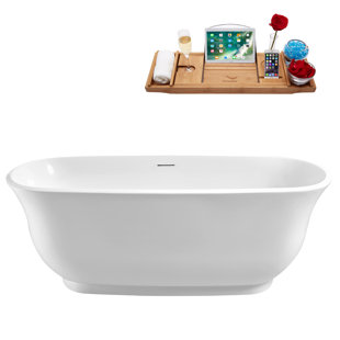 STREAMLINE BATH 59'' Streamline Freestanding Soaking Acrylic Bathtub With Drain and Bamboo Tray