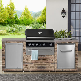 Prokan 86.7 W Outdoor Kitchen Desert Sunrise 5B Propane Grill Island with 63L fridge and Sink