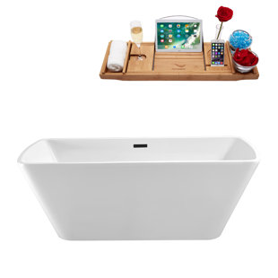 STREAMLINE BATH 67" Streamline Freestanding Soaking Acrylic Bathtub With Drain and Bamboo Tray