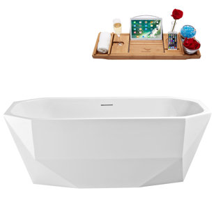 STREAMLINE BATH 63'' Streamline Freestanding Soaking Acrylic Bathtub With Drain and Bamboo Tray