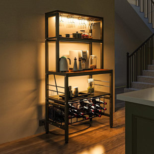 RUBBERMAID Industrial Wine Bakers Rack With Power Outlet And LED Strip, Multifunctional Wine Rack Table, Wine Bar Cabinet With Wine Storage Glasses Holder Bottle Shelf, Bar Stand For Liquor And Glasses