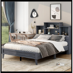 THINK URBAN Bookcase Storage Platform Bed Frame with 4 Open Storage Shelves and USB Charging Design