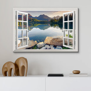 IDEA4WALL Window Scenery Green Peaceful Lake Natural Landscape Photography Pictures Canvas Print Wall Art
