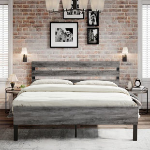 LATITUDE RUN® Metal Platform Bed Frame with Thick 3cm Rustic Wooden Headboard and Footboard, Industrial Design, No Box Spring Needed, Easy Assembly