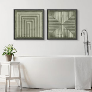 WALL26 Green Geometric Abstract Line Minimalist - Framed Canvas Master Bedroom Wall Art Work 2 Pieces Print (Set of 2)