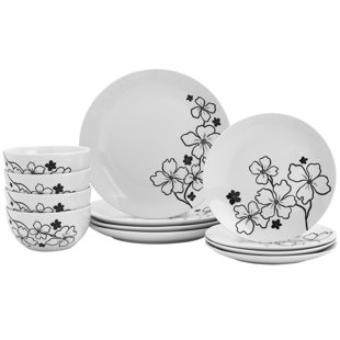 Tabletops Gallery Margo 12 Piece Porcelain Dinnerware Set in White with Black Floral Pattern