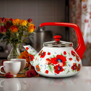 STP GOODS Vintage Kettle 2.3-Qt. Poppies Country Style Traditional Enamel
