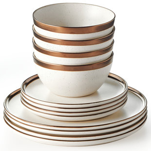 Luna Collection by Maison Neuve Stoneware Dinnerware Set for 4-12 Piece Ceramic Plates and Bowls Set - Kitchen Dishes Set- Ceramic Dish Set - Modern Stoneware Dinner Set in Gift Box - Cream/Bronze