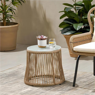 HOKKU DESIGNS Zerline Naturally-Textured Roped Side Table, Tempered Glass Tabletop End table