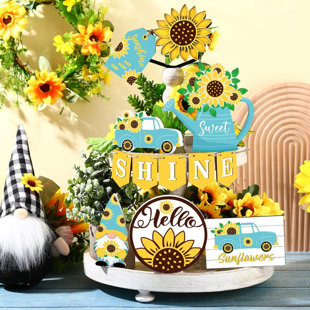 ROSALIND WHEELER Cebollero 12 Pcs Sunflower Tiered Tray Decor Wooden Summer Tiered Tray Items Truck Gnomes Sunflower Trays Signs Spring Summer Fall Tabletop Signs For Home Farmhouse Rustic Kitchen Decorations (Sunflower)