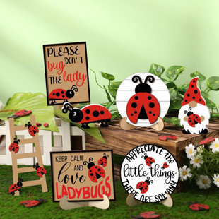 ROSALIND WHEELER Camarata 12 Pcs Red Ladybug Tiered Tray Decor Set Spring Summer Wood Sign Rustic Farmhouse Decor Ladybird Tiered Tray Decorative Trays Signs For Home Kitchen Decorations (Ladybug)