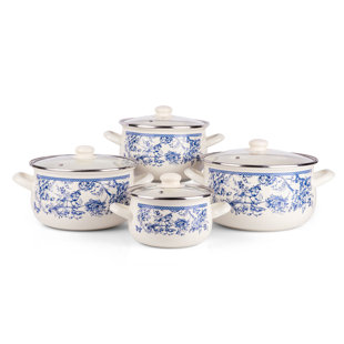 STP-GOODS Traditional Vintage Style Blue Toile de Jouy Enamel Soup Pot (Set of 4)