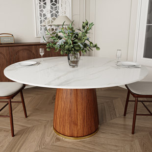 ORREN ELLIS Anstus Round Stone Top Solid Wood Base Dining Table