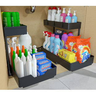 ADECO TRADING 2-Tier Under Sink Organizers, 2 Pack Sliding L-Shape Cabinet Organizers Narrow Space Storage Multi-Purpose Sink Organizer For Bathroom Kitchen Drawer