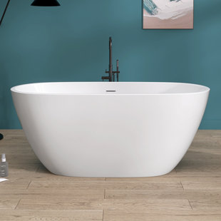 ZEAFIVE 55" Freestanding Soaking Acrylic Bathtub Contemporary Free Standing Bath Tub Modern Stand Alone Tub