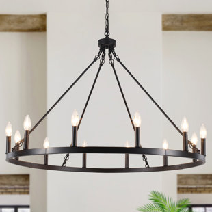 GRACIE OAKS Moomal 12 - Light 38" Candle Style Dimmable Wagon Wheel Chandelier