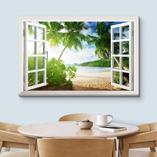 IDEA4WALL Window Scenery Tropical Green Palm Trees On Beach Coastal Pictures Large Canvas Print Wall Art