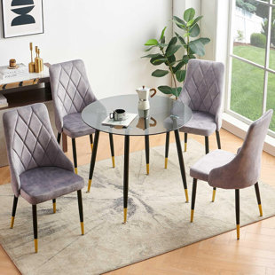 NORDICANA 5 Piece Circle Glass Table Dining Chair Set With 4 Velvet Armless Chairs