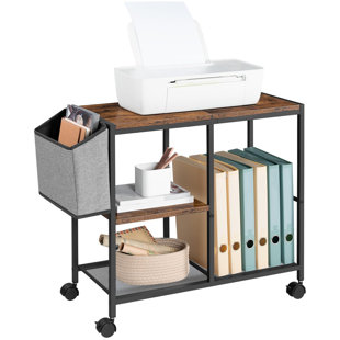 ELAINE MERCURE Printer Stand With Storage Bag, 3-Tier Mobile Under Desk Printer Cart With Wheels, Wood Rolling Printer Table, Organizer Shelf For Study, Office, Living Room, Rustic Brown