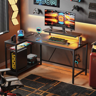 INBOX ZERO L-shaped Computer Desk with Power Outlet, Gaming Desk with Monitor Stand and Shelves