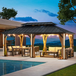 MODERN SHADE OUTDOOR LIVING SPACES Maple 12 Ft.x 20 Ft. Galvanized Steel Canopy Hard Top Aluminum LED Gazebo w Netting and Curtain