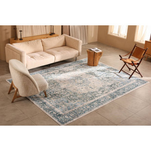 BUNGALOW ROSE Octavia Distressed Vintage Oriental Ivory Green Machine Washable Area Rug, Octavia Blue