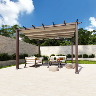 PARAGON-OUTDOOR Florence 11 ft. W x 11 ft. D Wood Grain Aluminum Pergola in Chilean Ipe Finish with Canopy