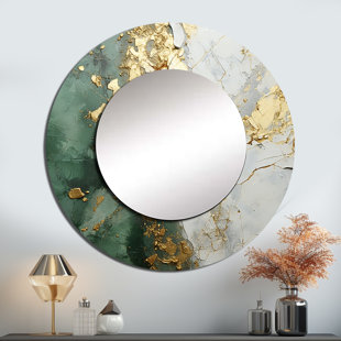 EAST URBAN HOME Gold And Green Paint Fusion - Abstract Round Mirror Wall Decor Metal Print