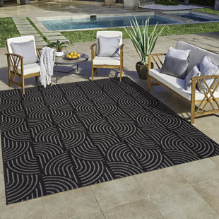 GERTMENIAN Ringley Michele Modern Casual Geometric Tile Waves Black White Flatweave Indoor/Outdoor Area Rug