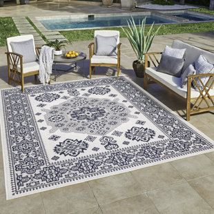 GERTMENIAN Traditional Bohemian Medallion Border White/Gray Flatweave Indoor/Outdoor Area Rug