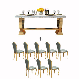 DINEELEGANCE.R 9 - Piece Faux Marble Top Trestle Dining Set