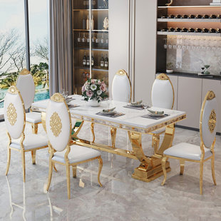 DINEELEGANCE.R 7 - Piece Faux Marble Top Trestle Dining Set